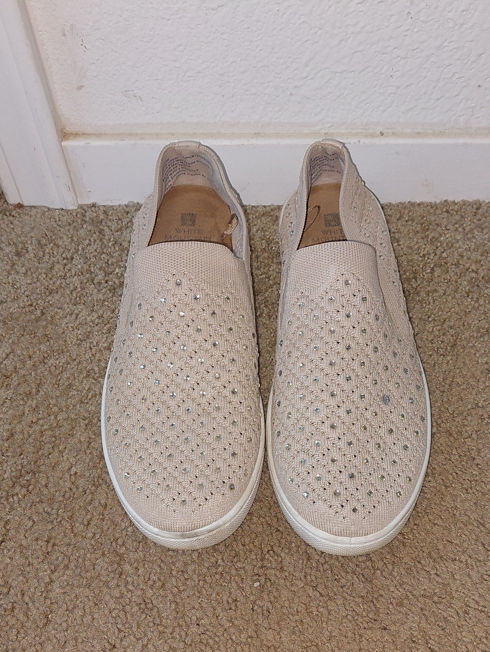 White Mountain Beige Slip-On Knit Sneakers with Rhinestones.Size 9